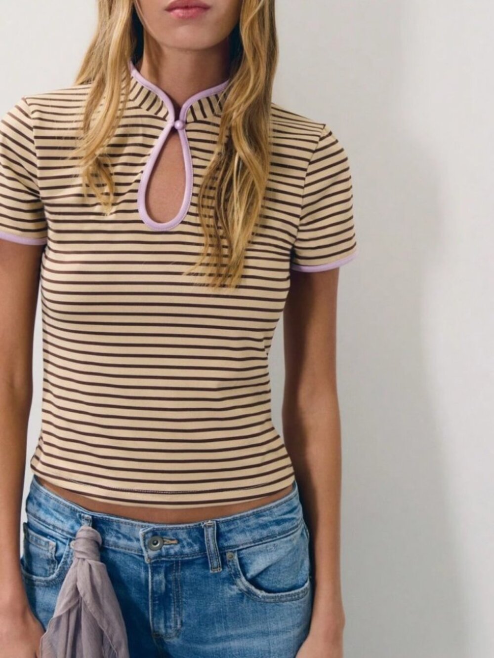 Tan Striped Knit Tee with Lilac Trim Mandarin Collar & Keyhole